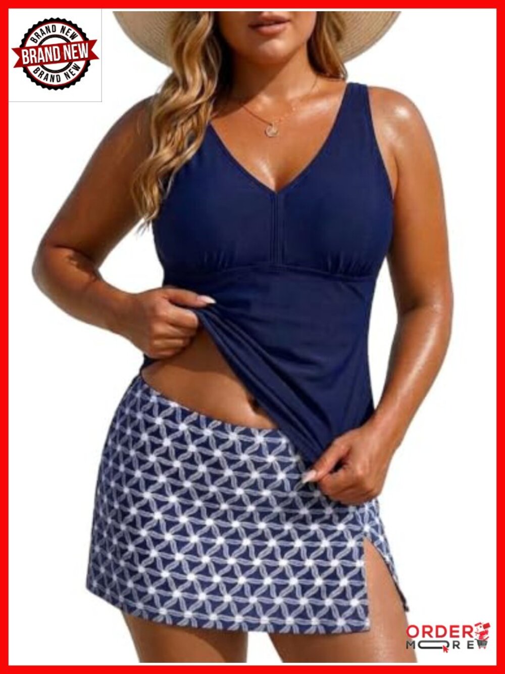 Plus Size Two Piece Tankini Set with Tummy Control Skirt High Waisted Swimwear